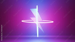 Lightning as a symbol of energy and strength. Bright neon scene with abstract scanning of the lightning sign.