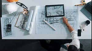 Top down view of relaxed architect engineer working on blueprint and putting leg on meeting table. Aerial view of skilled interior designer lie on the chair while sleeping in break time. Alimentation.