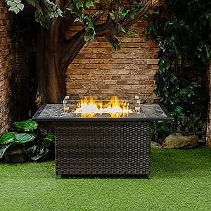 Propane Gas Outdoor Fire Pits Table with Tile Tabletop and Tempered Glass Around, 52 Inch Rectangular 50,000 BTU Auto-Ignition Wicker Base Fire Pit Table for Patio Garden Deck Backyard