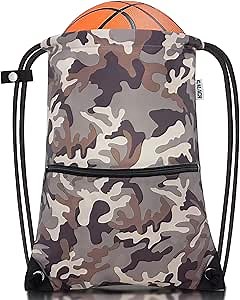 draw string back bag, Large Gym Sports string backpack for men and women with front zipper pocket and inside zipper pocket to keep key or phone (brown camo)
