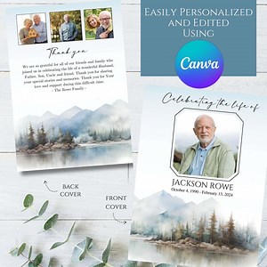 4-page Funeral Program Template, Editable Mountain Outdoors Lake Forest Hiker Photo Celebration of Life, Printable Obituary Funeral Memorial - Etsy