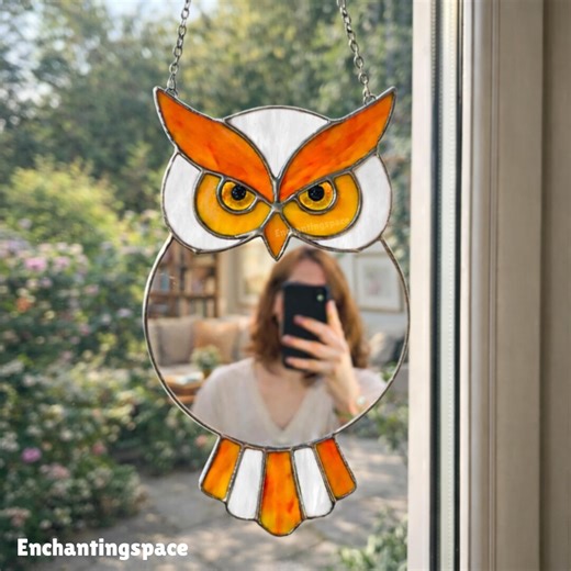 Wise Owl Stained Glass Mirror, Handcrafted Bird Wall Art for Dressing Room Decor - Etsy