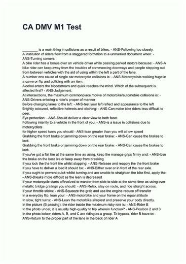 Latest CA DMV M1 Test QUESTIONS AND CORRECT DETAILED ANSWERS WITH RATIONALES VERIFIED ANSWERS ALREAD