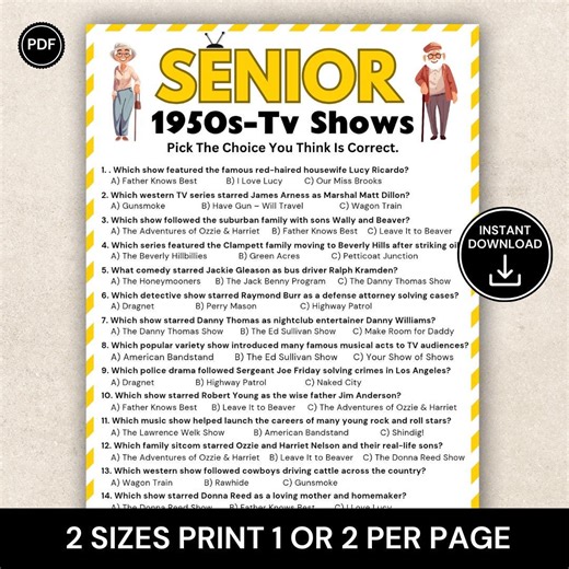 Senior 1950s TV Shows Trivia Game Printable, Classic TV Quiz for Seniors, Nursing Home Activity, Vintage Television Trivia, Memory Game - Etsy