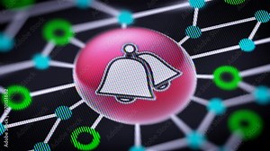 Bell icon. Circuit board in the screen. Looping footage with codec Prores 4444.