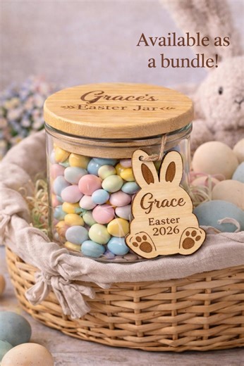 Personalized Easter Candy Jar, Engraved Bamboo Lid Glass Jar, Bunny Tag Keepsake - Etsy