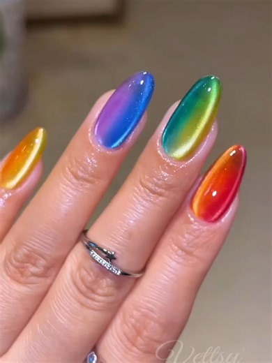 Vibrant Rainbow Candy Ombre Cat Eye Nails Tutorial