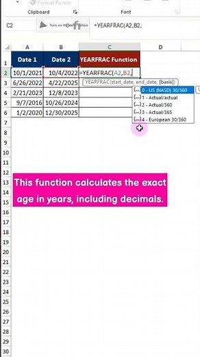 YEARFRAC = Exact Years Between Two Dates