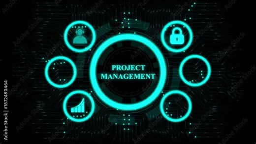 Project management dashboard interface animation workflow system. Task planning and team coordination visualization platform. Digital project control panel technology motion graphic.