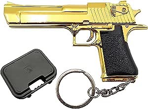 Mini Gold Pistol Shaped Keychain, Metal Keyring Backpack Pendant Decorative Model with Gift Box