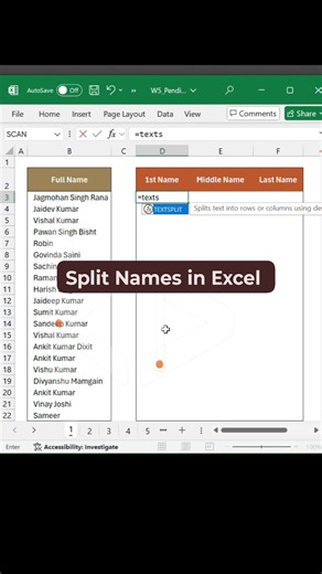 103K views · 736 reactions | Split Names in Excel 2025 #splittext #sepratetext #excel #newexceltips #newinexcel #excelreels #excelformulasandfunctions #excelshortcutkeys #exceltipsandtricks #ExcelForEveryone #ExcelForBeginners #shortsvideos #ExcelNew | Karan Dadya | Facebook