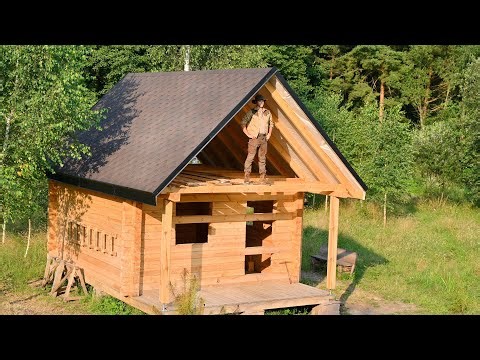 I Making Timber Frame Roof for my Log Cabin in the Forest Alone, Installing Roof Shingles