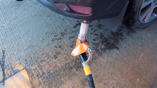 LPG car refueling with gas nozzle connected to vehicle tank for alternative fuel savings. Autogas usage reducing fuel expenses during global energy crisis caused by war and rising petrol prices
