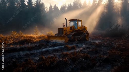 Deforestation. Environment conservation. Ecosystem. A large yellow bulldozer on a muddy terrain with a forest backdrop. The bulldozer is in motion, with its tracks and front end visible.