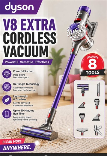 Great Deal, Act Fast! ✴️🛒 This Dyson V8 Extra cordless vacuum is made for quick cleanups, pet hair, stairs, upholstery, and everyday messes around the home. Lightweight, cordless, and includes 8 tools for more ways to clean. 🔥 Check today’s price through the product link. Disclaimer: Final price, shipping costs, coupons, and discounts may vary depending on your TikTok account, available offers, ongoing promotions and are subject to change at any time. Please always refer to the TikTok Shop pro