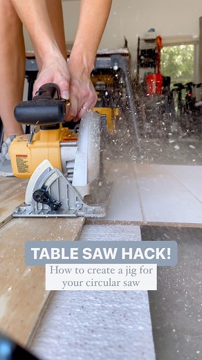 Liz Pacini on Instagram: "How to make a jig for your circular saw! More details in stories 🤓 Been wanting to do this for a looong time and finally took the time to learn how to make one. It took me about an hour to make and will save SO MUCH TIME! I’m still hesitant to use the table saw by myself so it’ll save my husband time too 😜👏🏻 #diytips #diyhousetohome #farmhouselove"