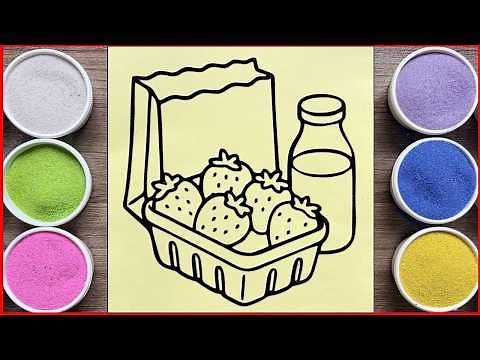 Sand painting heathly foods, strawberry, milk and cookies, easy drawing (Chim Xinh channel)