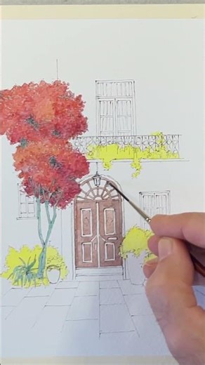 PINK HOUSE WITH ORNAMENTAL CHERRY TREE | Watercolour Tutorial Preview (Pen & Ink)