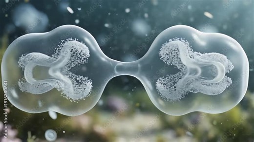 Microscopic amoeba undergoing cell division in a fluid environment, showcasing internal cellular structures and the process of binary fission, a fundamental biological phenomenon of asexual