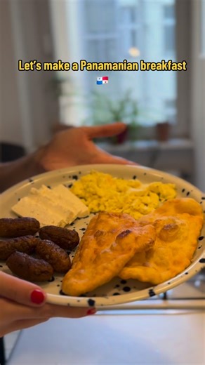 @kurlyserve | 🇵🇦 Panamanian breakfast plate (berlin edition): Hojaldres (fluffy fried bread) with scrambled eggs, vegetarian sausages, and cheese.... | Instagram