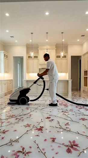 Pouring epoxy over cherry blossoms and the result is INSANE! #epoxyresin #floor #kitchendesign #diy