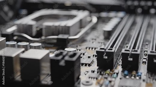 An extreme closeup perspective of a sophisticated computer motherboard revealing the intricate network of electronic components the central processing unit socket and multiple memory module slots sym.
