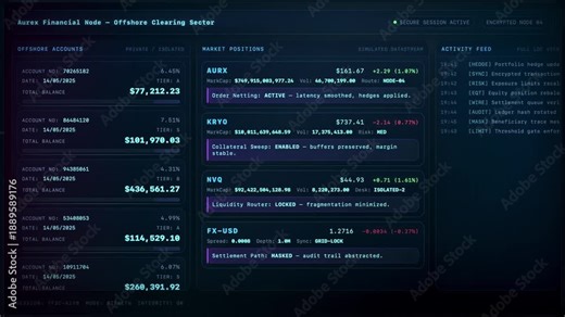 Futuristic dark financial terminal interface with offshore accounts, simulated market positions, and encrypted activity feed. Subtle scanlines, glow, and cursor flicker.