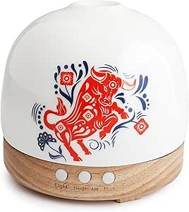 Essential Ceramic Diffuser Round Aroma Diffuser Night Light with Bull Pattern - Nano Water Mist Humidifier Luxurious Style and 300ml Unparalleled Design