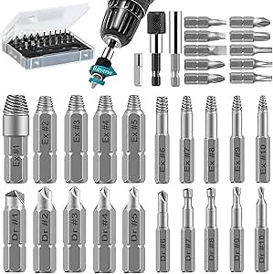 33PCS Damaged Screw Extractor Set, Reverse Drill Bit and Screwdriver Head Kit, with 2 Magnetic Extension Bit Holder & Socket Adapter, Ez Out Bolt Removal Tool for Removing Stripped Broken Bolt