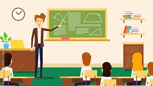 2d Animated Cartoon Teacher Explaining Geometry Lesson To The Curious Students At School.