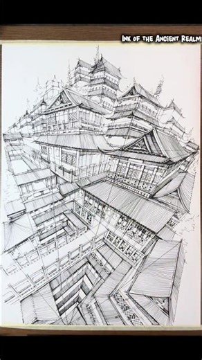 Interwoven Rooflines of an Ancient East Asian Complex — Drawn with Both Hands #art