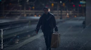 Young Lost Man with Suitcase Finding Broken Mirror on Urban Street at Night