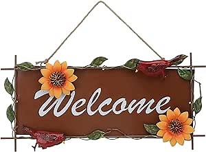Sunflower Welcome Sign Vintage Metal Hanging Sun Flower Welcome Wall Sign Welcome Art Decorative Sign Sunflower Bird Pendant Exquisite Iron Door for Indoor Outdoor Front Door Garden Yard Home