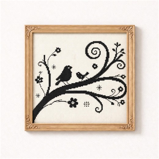 Black Silhouette Bird Cross Stitch Pattern PDF Gothic Decor - Etsy