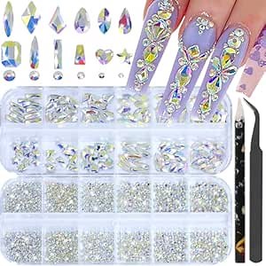Nail Rhinestones - 3D Multi Shape Size, AB Crystal Nail Gems and Charms, Flat Back, with Kit, for Nail Art, DIY Decorations
