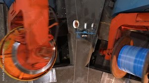 Assembly twisting stranded wire. Modern equipment at the factory for the production of wires. Wire manufacturing process