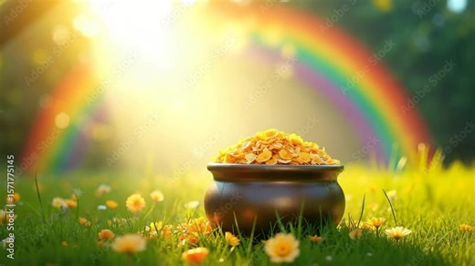 Pot of gold symbolizes fortune and prosperity in Irish folklore, as this charming pot of gold rests amidst wildflowers under a vibrant rainbow.