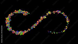 Looped 3D animation, rotating infinity sign made of particles of multicolored spheres on a transparent background