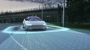 Futuristic Concept: Autonomous Self-Driving 3D Car Moving Through City Highway. Animated Visualization Concept: Sensor Scanning Road Ahead for Vehicles, Danger, Speed Limits. . Front Following View