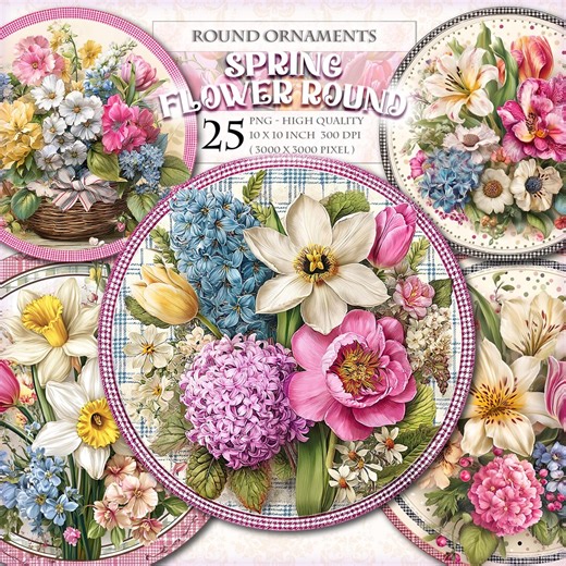 Spring Flower Round Clipart, Printable 25 PNG Image, Ornaments Gift, Door Hanger Wreaths Sign Image, Scrapbook Ephemera, Instant Download. - Etsy