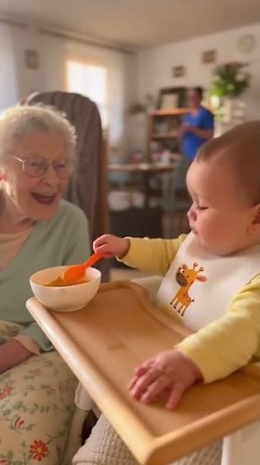 Baby hilft Oma im Altersheim beim Essen