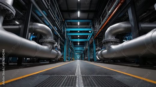 Industrial corridor pipeline walkthrough combining stainless steel pipe and metal walkway in factory engineering plant interior with structural frames, industrial maintenance and precision engineering