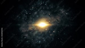 Galaxy animation. Cinematic concept art of glowing star. Realistic nebula in space with massive star in the center of universe. Cosmos with stars, asteroids, interstellar cloud of dust, dark matter.