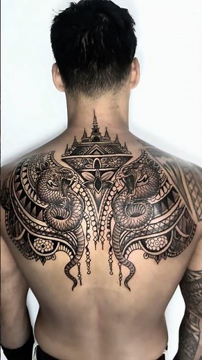 Twin Snake Full Back Tattoo | Black & Grey Sacred Geometry 🐍🐍