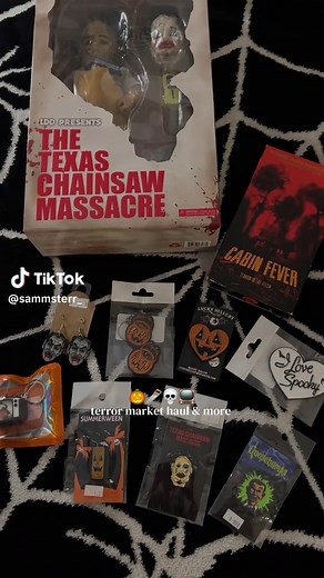my little haul from @Terror Market . I did get the vintage skull mask and ghost candle tea lights from fb marketplace. The tcm ldd is from the Halloween town store in Burbank. #spooky #haul #tcm #horror #fyp