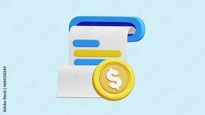Payment Bill Paper animated 3d icon. Great for business, technology, company, websites, apps, education, marketing and promotion. Online Payments 3d icon animation.