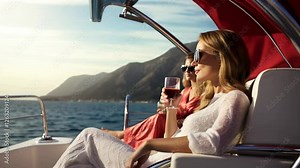 Wealthy women relax on luxury yacht, beautiful girls models on cruise boat in summer, concept of fashion and vacation