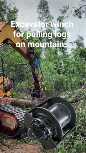 Excavator winch for pulling logs on mountains