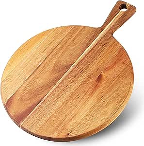 Wood Pizza Peel, 14 inch Premium Pizza Board with Handle Lightweight Smooth Wooden Cutting Board, Round Cutting Board for Kitchen, Home Baking, Pizza, Cheese, Fruits, Vegetables, Bread and Grilling