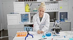 Charming, blonde scientist engrossed in note-taking during video call at her cozy lab, brilliantly juggling work and conversation.